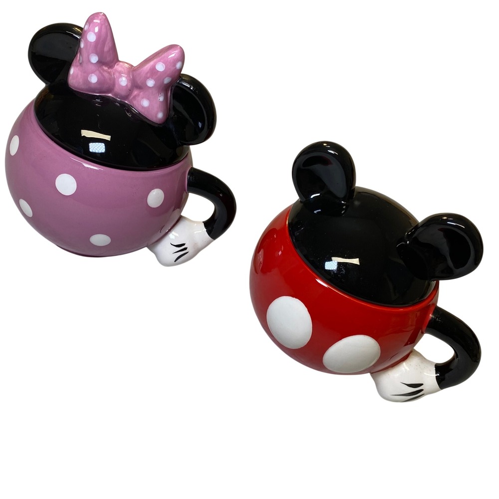 Disney Mickey‎ & Minnie Mouse Ceramic Soup Mug Set With Lids 13614 KT